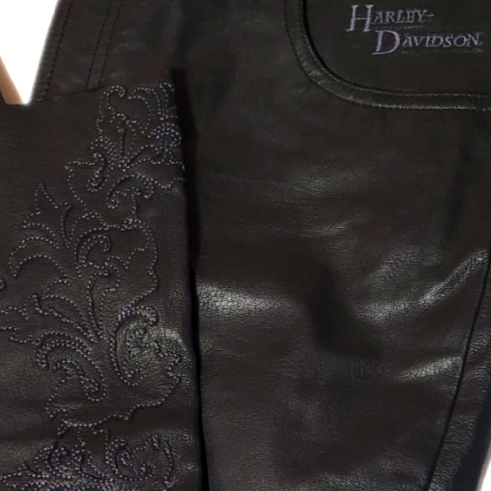 Harley-Davidson Black Leather Motorcycle Pants Raw Hem Appliqué Embroidered